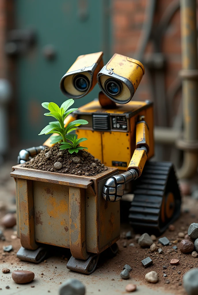 Generate an image of Wall-E inside the dumpster picking up a plant. Recreate this in an automaton for a project.
