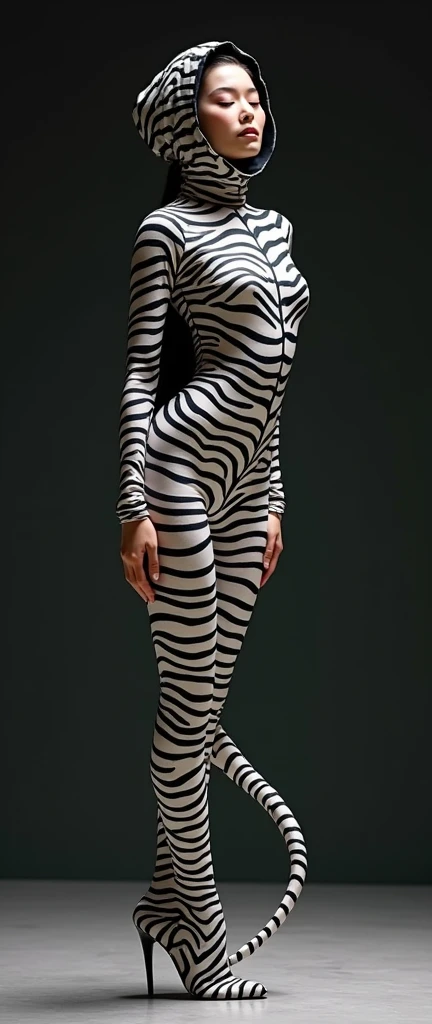 a most beautiful and thin 38 years old chinese contortion woman is wearing a glasses wears zebra lycra footed turtleneck unitard catsuit with a tail.She always wear lycra dancewear unitard hijab-like hood.She is the most beautiful and has beautiful cheeks.