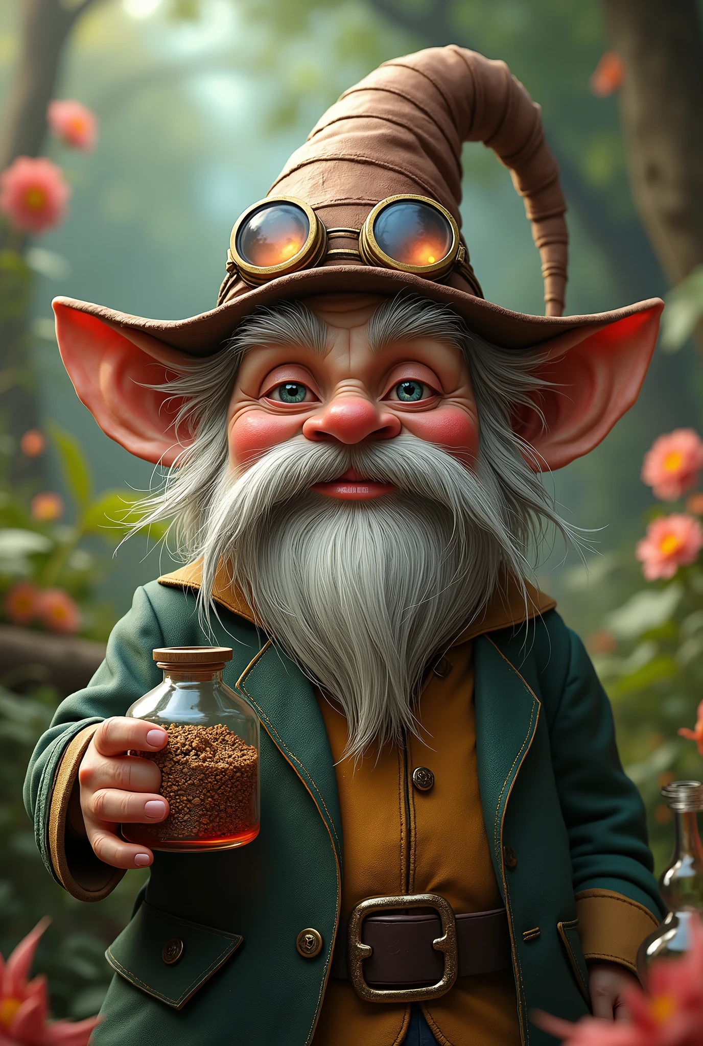 hyper realistic face, arafed gnome with a hat and goggles in a garden, portrait of a gnome called eldon, gnome illusionist, gnome, gnome druid, fantasy art smug smile man, darrell k sweet, an alchemist gnome, inspired by Ron English, adorable digital painting, todd schorr highly detailed, digital art, dwarf scientist of 1 9 century, gnomon, masterpiece, UHD, 18K