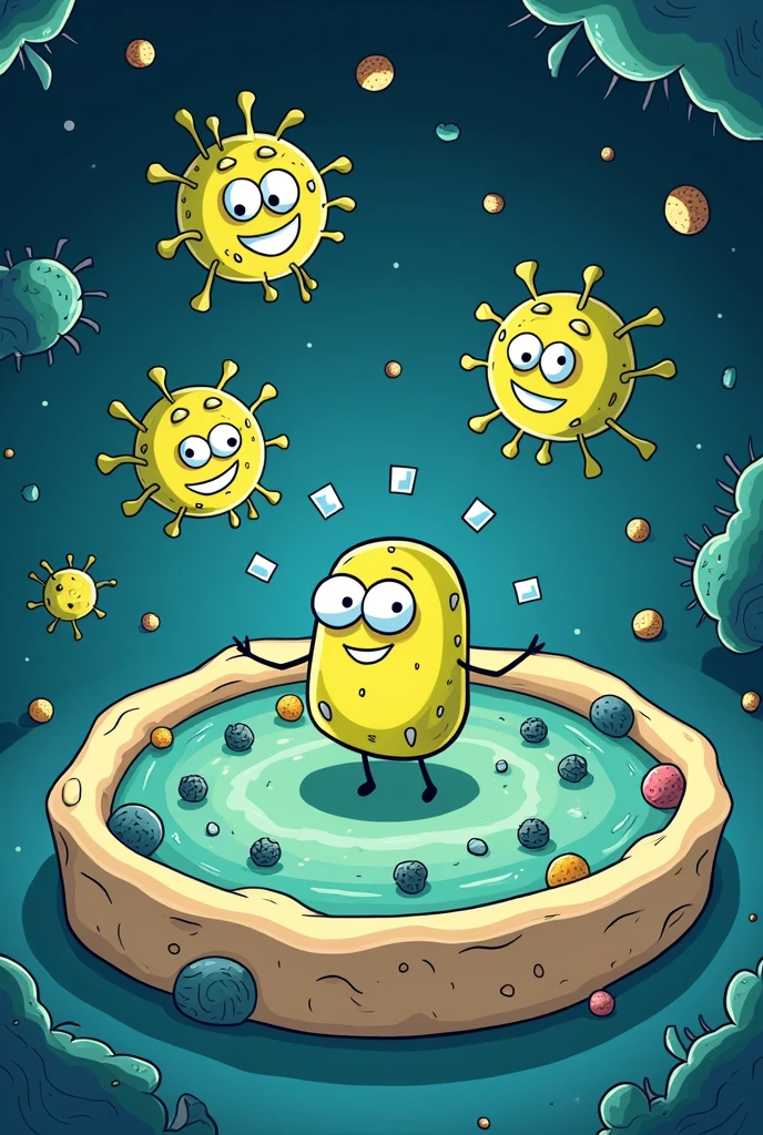 cartoon: "The Cell Race"
Panel 3:
(myth se divide en dos, with their chromosomes separating towards opposite poles. Las dos nuevas células hijas se forman rápidamente y son idénticas a myth.)
myth: I'm almost there...! a list! ¡mythsis completa!
(The two daughter cells smile, ready to continue their work on the body.)