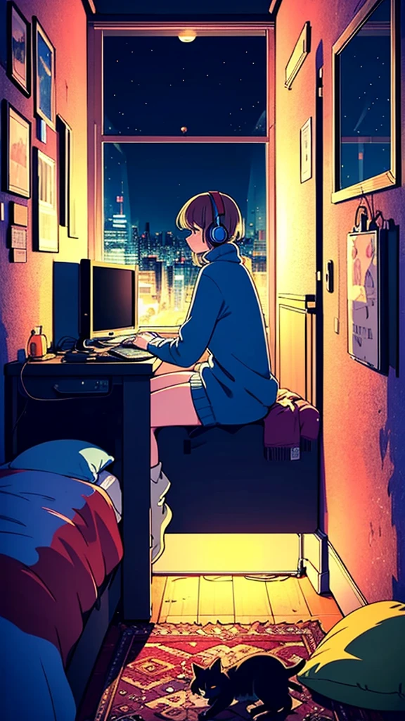 A detailed anime girl, wearing a large sweater, wearing headband headphones, lofi, tranquil, quiet vibes, chilling, in her bedroom looking at the window, night, quiet night, cat, masterpiece, best quality