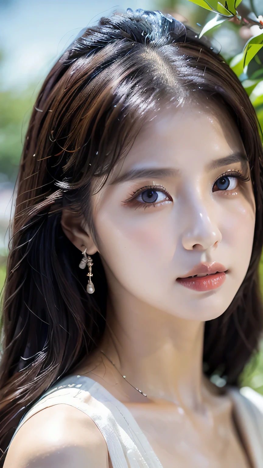 (masterpiece,best quality:1.4),(8k,raw photo,photo realistic:1.2),shiny skin,detailed skin,detailed face,detailed eyes,1girl,Japanese idol,beautiful face,(Shining Eyes:1.3),Gentle calm eyes、Symmetrical eyes、Fairy、Mysterious sheer costume、Great background、Great location、Outstanding proportions、Sexy Face、Chinese fantasy historical drama、Peach blossoms bloom in Kamiyama