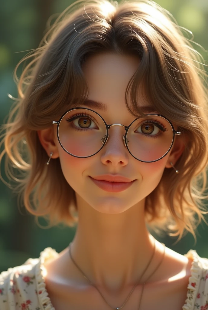 beautiful girl with round face, honey big round eyes, realistic photo, with brown light short hair, round glasses and a shy smile