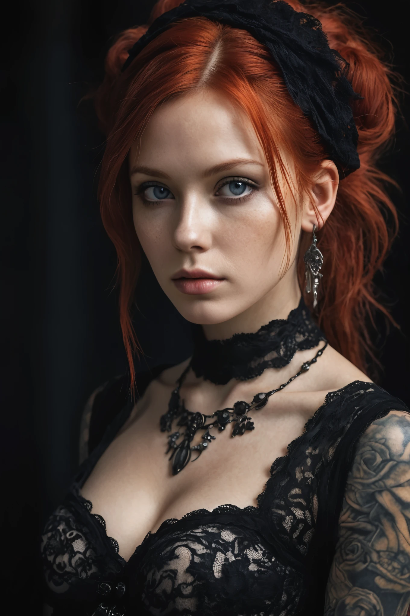 masterpiece,best quality,1girl,solo,(natural skin texture, realistic eye and face details:1.5),(dark:1.4),deep shadow,darkness,moonlight,award winning photo,extremely detailed,amazing,fine detail,absurdres,highly detailed woman,extremely detailed eyes and face,piercing red eyes,detailed clothes,skinny,(gothic),twintails,bangs,frills,skirt,red hair,by lee jeffries,nikon d850 film,stock photograph,kodak,portra 400 camera f1.6 lens,rich colors,hyper realistic,lifelike texture,dramatic,lighting,unrealengine,trending on artstation,cinestill 800 tungsten,Style-Neeko,(facial clarity:1.5),(transparent clothes:1.1),anatomical,gothic style,black lace,half classicism half surrealism aristocratic lady,mystery style tattoo,fantasy