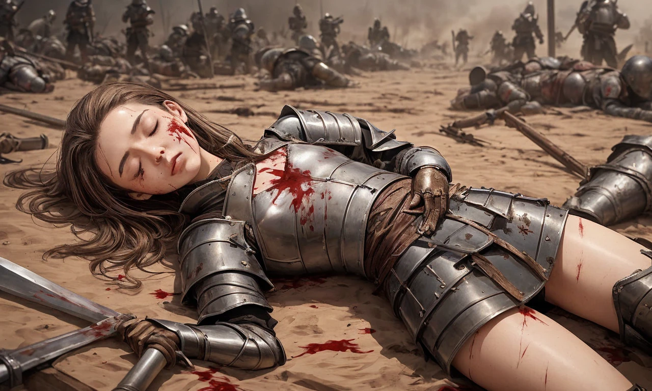 masterpiece, best quality, absurdres, perfect anatomy, perfect body, correct bodystructure, correct body, a 1girl, , flat chest, childish body, long straight brunette hair, closed eyes, small sad, thick thighs, small medieval armor, lying on floor, blood on chest, blood on face, the background is a battlefield with many dead bodies lying around, weapons are stick into the ground, there's smoke and dust in the air, in a distance you still can see warriors fighting.