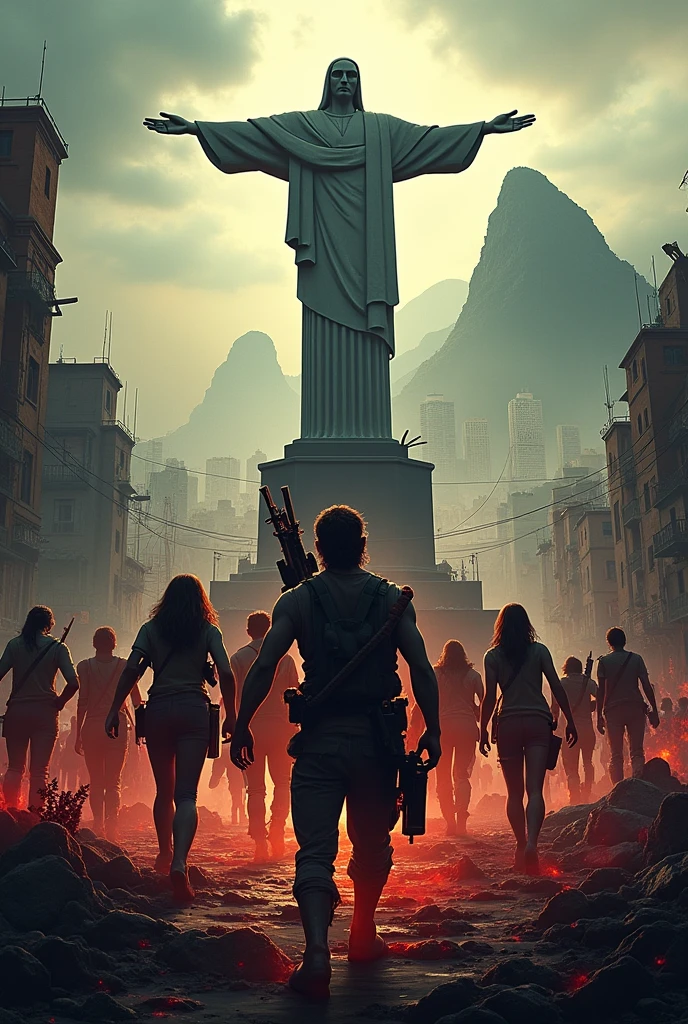 Make a game cover with the name Rio de Janeiro Hell and with Christ the Redeemer destroyed in the background and several zombies