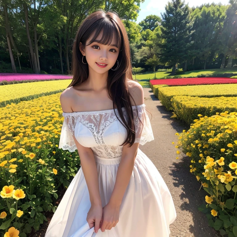 long skirt,in the flower field，Wear a dress，rotate，1 female, On the face, laughing out loud, light brown hair, blunt bangs, hair behind ears, Shoulder-length hair, long hair, Slender body type, 超face slimming型, face slimming, delicate lips, beautiful eyes, Thin blush, Eyes are light brown,View here, (actual:1.3), One person's perspective, 8k, Super detailed, high quality, best quality, High resolution, ，Large Breasts，wear a H cup, 21 years old,Off-shoulder tops，Lace top，puffy skirt