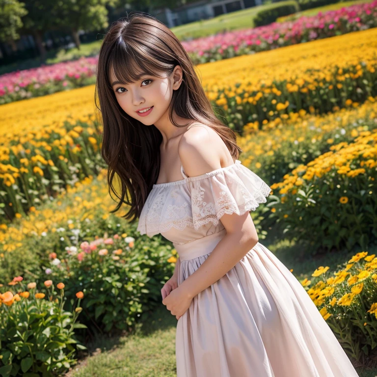 long skirt,in the flower field,Wear a dress,rotate,1 female, On the face, laughing out loud, light brown hair, blunt bangs, hair behind ears, Shoulder-length hair, long hair, Slender body type, 超face slimming型, face slimming, delicate lips, beautiful eyes, Thin blush, Eyes are light brown,View here, (actual:1.3), One person's perspective, 8k, Super detailed, high quality, best quality, High resolution, ,Large Breasts,wear a H cup, 21 years old,Off-shoulder tops,Lace top,puffy skirt