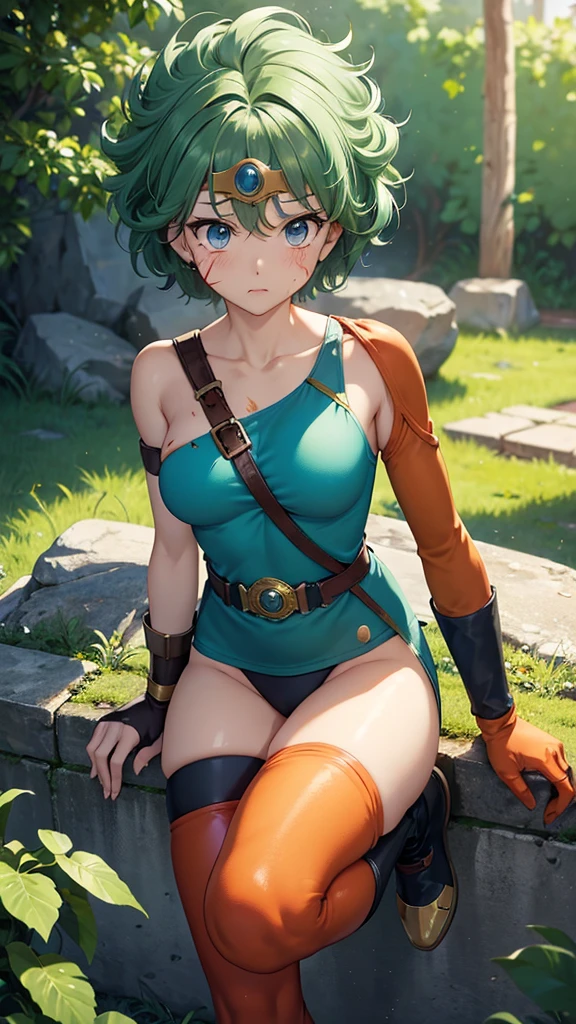 Animation worksAnimation worksMasterpieces,largely、high quality, Unreal Engine, Ultra-high resolution, Very detailed丸い胸, Medium Bust 1 person,  Waist, thin,(Muscular:0.9)
actress, 
ring, curl, Green Hair, short hair, Asymmetrical clothing, tights, sash, One-handed gloves, One Sleeve, Thigh-high holes, Holding a sword, . Anime Style, Key Point, Energetic, Studio Anime,  Very detailed、　My life is about to end. Broken equipment. On one knee. Under enemy attack.The tights is torn to pieces.、(((There is a wound on the arm、the presence of wounds on the chest、There is a wound on the abdomen、There are wounds on the legs、Bleeding from the wound)))、Kneel、Costumes are according to LoRA、In the forest