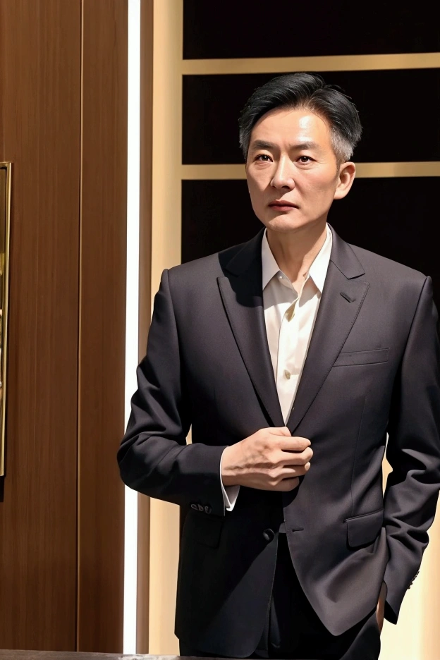 A mature and steady 45-year-old Chinese man wearing a suit