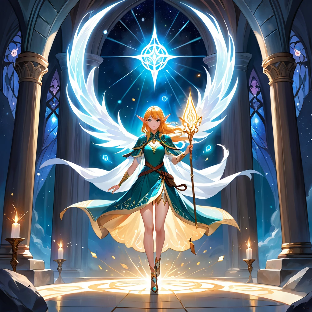 Masterpiece, Extremely detailed, best quality, photorealistic, magnificent, celestial, ethereal, epic, majestic, magical, fantasy art, cover art, dreamy, painterly, full body shot, BREAK, ethereal fantasy concept art of a brave elf dnd wizardess., staff in right hand, surrounded by runes of light, dynamic pose