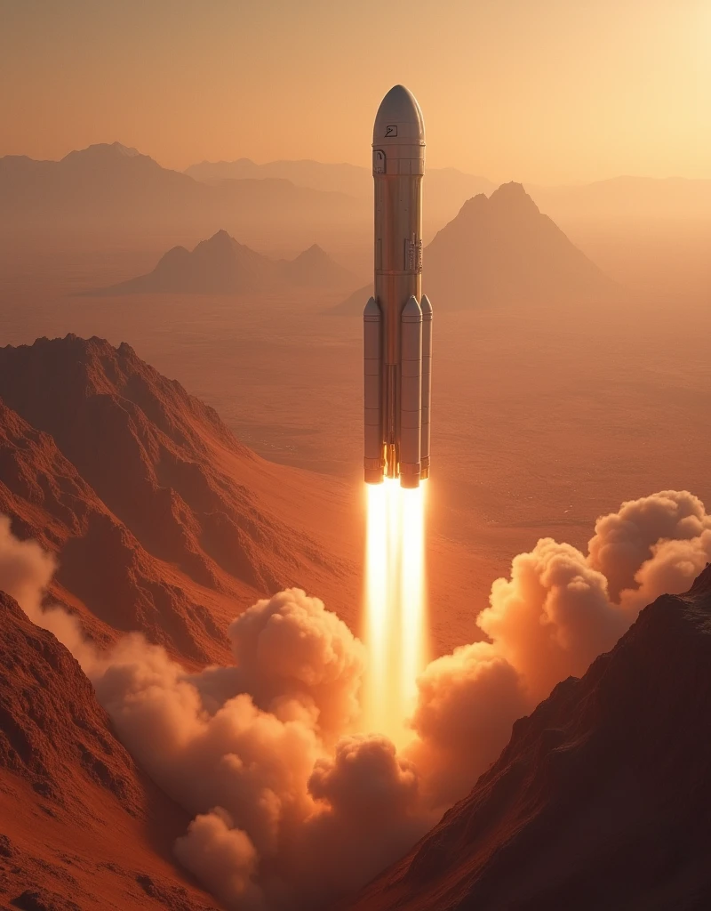 SpaceX Rocket, for Mars Colonization Mission, re-entry into Mars atmosphere, (ultra-detailed, absolute resolution, best quality:1.3), 2.5D, delicate and dynamic, artistic photography, hyper-realistic, graphic CG digital art