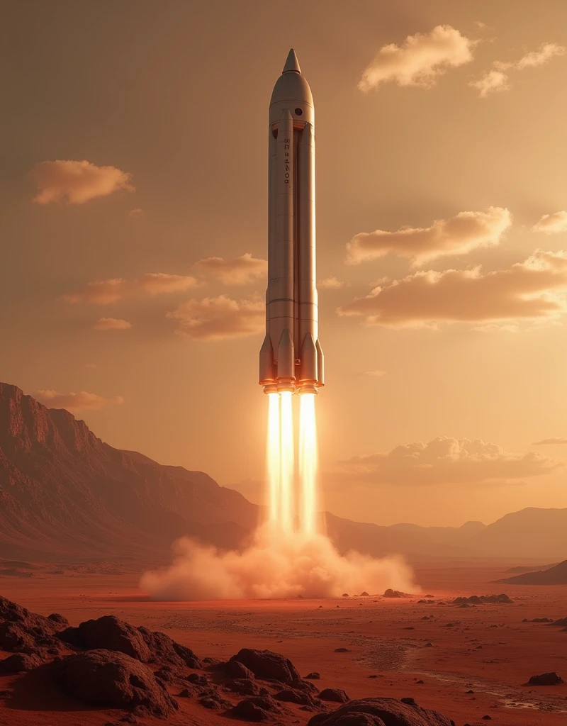SpaceX Rocket, for Mars Colonization Mission, re-entry into Mars atmosphere, (ultra-detailed, absolute resolution, best quality:1.3), 2.5D, delicate and dynamic, artistic photography, hyper-realistic, graphic CG digital art
