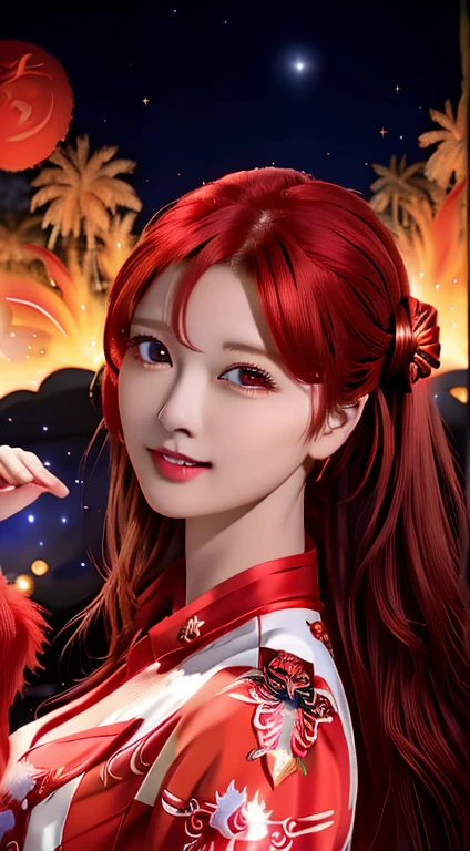 Red Nine-Tailed Dragon Girl, (Bright Red Hair), ((Big Hair)), double eyelid, Perfect figure, Nice face, Perfect Skin, black eye, spirit princess, The Age of Red、are shining on the distant planet Spica.、Red and white beams of light、A beautiful comet flies by、
