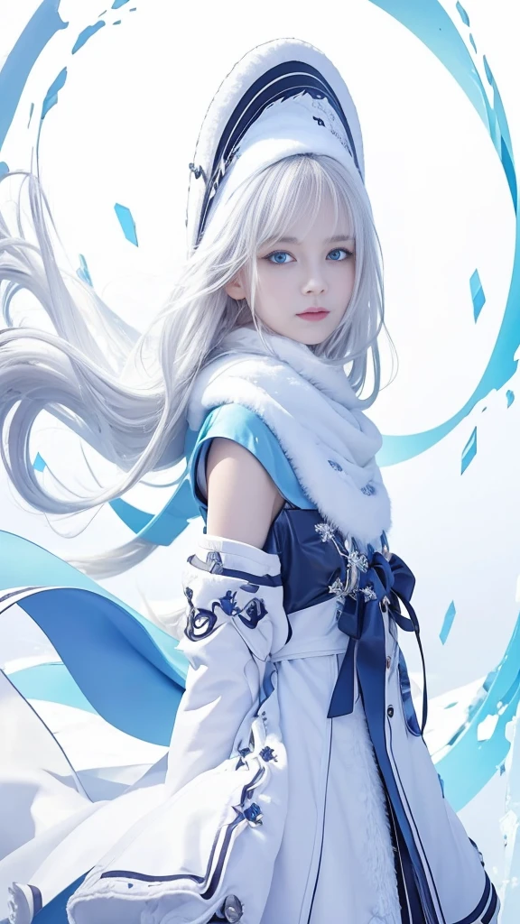 Please create a logo illustration of a woman themed around winter. She should have long, simple, pure white hair and cool, icy blue eyes. Her expression should convey confidence and elegance. Dress her in a cute, fluffy winter outfit with minimal skin exposure, such as a warm coat with frills or a hat and scarf trimmed with soft fur. Ensure the outfit is cozy and covers her well to suit the winter theme. Use a solid white background to keep the design minimalistic and sharp, while making the logo visually striking. (masterpiece), (high quality), (4k), (full body: 1.4)