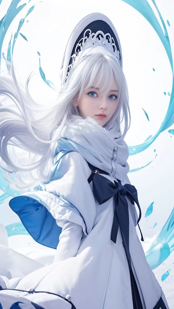 Please create a logo illustration of a woman themed around winter. She should have long, simple, pure white hair and cool, icy blue eyes. Her expression should convey confidence and elegance. Dress her in a cute, fluffy winter outfit with minimal skin exposure, such as a warm coat with frills or a hat and scarf trimmed with soft fur. Ensure the outfit is cozy and covers her well to suit the winter theme. Use a solid white background to keep the design minimalistic and sharp, while making the logo visually striking. (masterpiece), (high quality), (4k), (full body: 1.4)