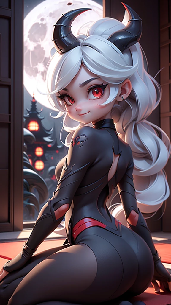 (Masterpiece), Best Quality, ultra-detailed, 1girl( marinette, naked body,  dark skin, white hair, long hair, red eyes, half-closed  eyes, red and black  ), evil face,smirk, parted lips , glow lips, head tilt, solo,facing viewer, looking at viewer, see-through bodysuits(zipper), outdoor, night time,standing, Sexy waist teasing, a provocative pose 