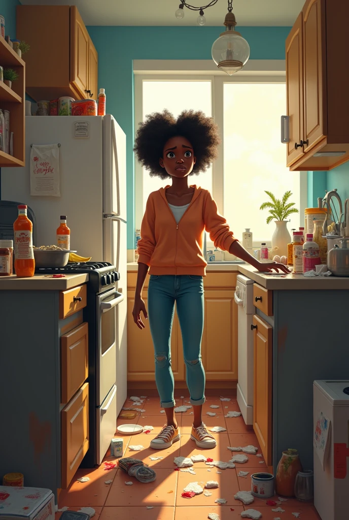 Drawing of a tall, thin Black woman with short curly hair
Holding a Black baby on her head
Image is in color
She has a broom in her hand and the house is messy 