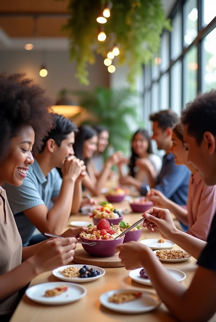 customers at the acai shop ,eating acai , ultra HD, high qualiy, best qualityer, high resolution, 8k, 16k perfection in the details
