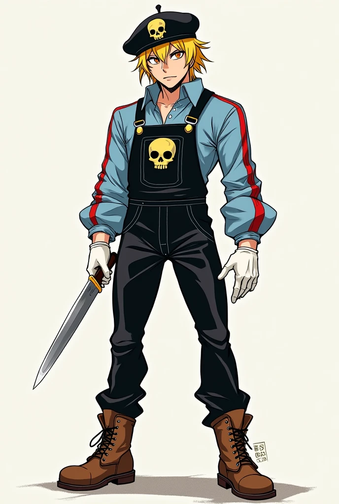 (Manga Type Drawing) Man with dark powers Wearing black overalls, a sky blue long-sleeved, long-collared shirt with red stripes, white gloves, brown boots, yellow and gold hair, a beret with a skull in the center, holding a knife with his right hand and extending his left hand,left eye orange and right eye white,perfect,