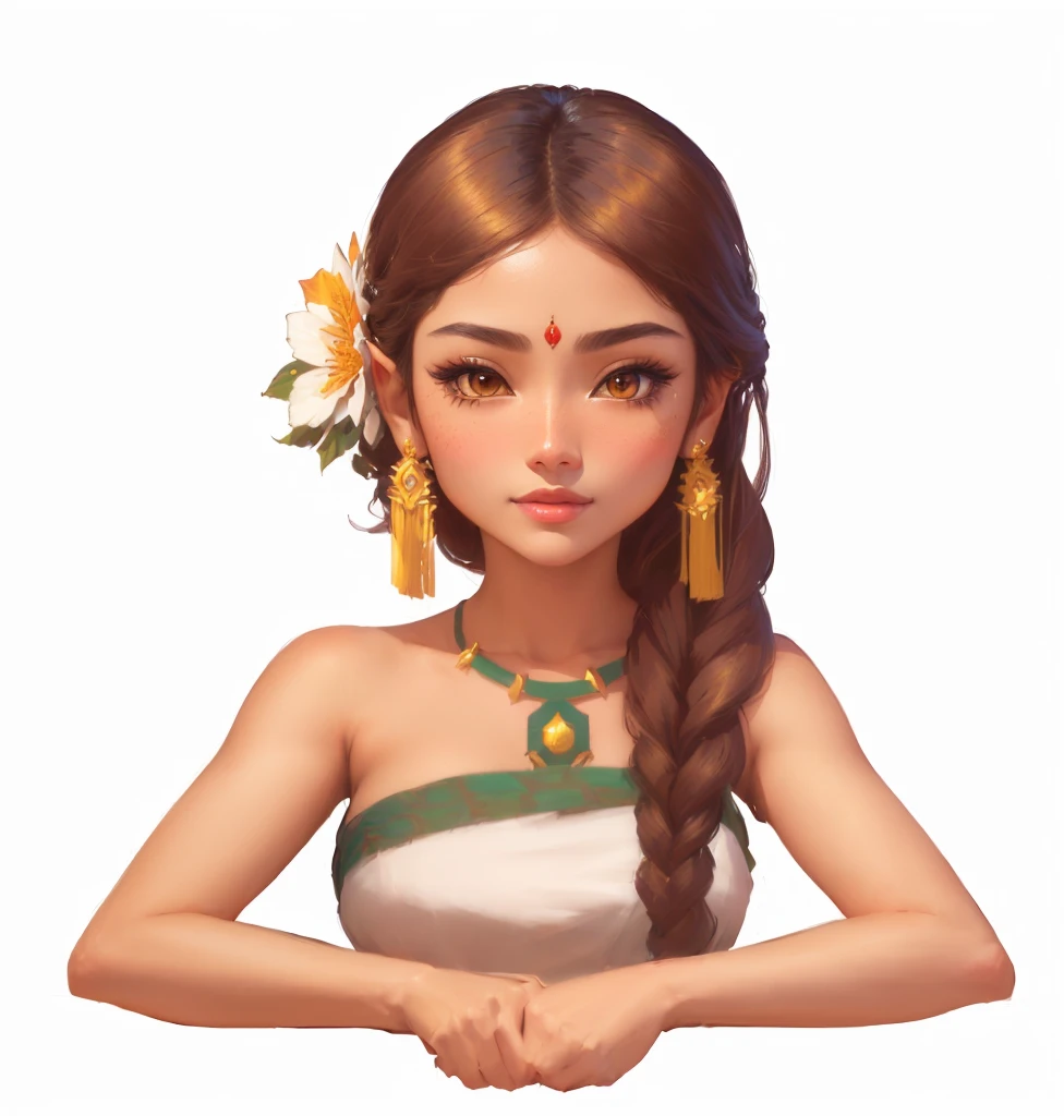 Close-up of a lady with a flower in her hair, Portrait of a Modern Darna, Rendering a cute 3D anime girl, aztec princess portrait, April Rendering, Anime Thai girl, stylized portrait formal pose, A rendering of Mirabelle Madrigal, Beautiful and elegant female elf, very detailed character, Realistic Maya, indian girl with brown skin