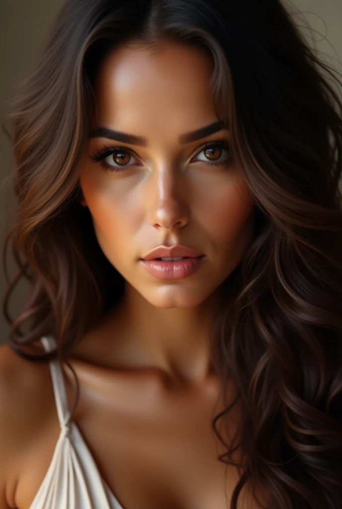 Create a long-haired woman with curls, Brown-eyed brunette with Latina features and full lips giving a kiss.