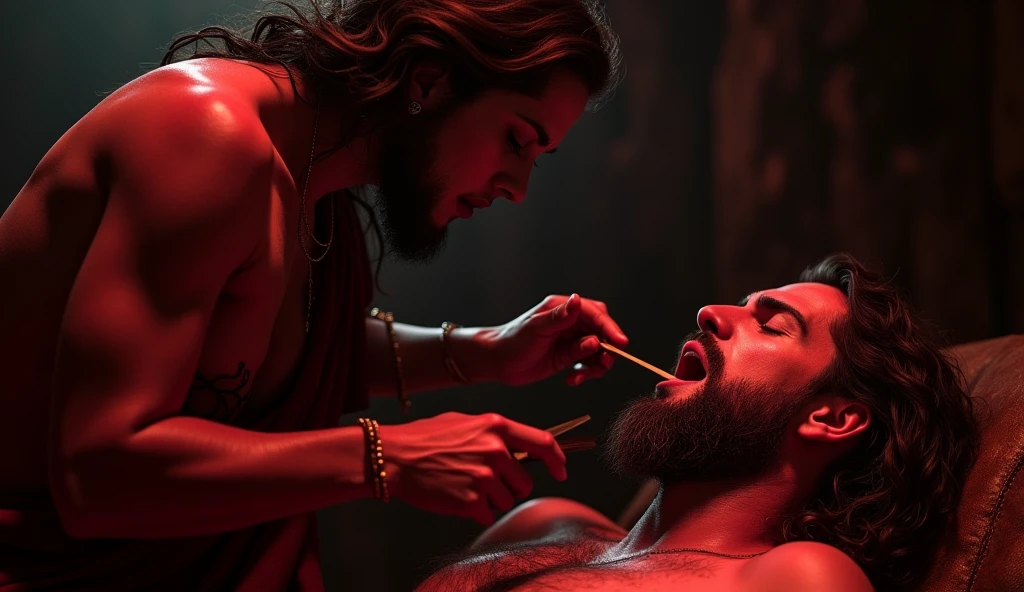 Delilah, attractive and seductive, with an intriguing gaze, is cutting Samson's hair while he looks vulnerable. The environment is a dark cave, with shadows that create an atmosphere of betrayal. Shades of red and black dominate, evoking feelings of love and disillusionment.