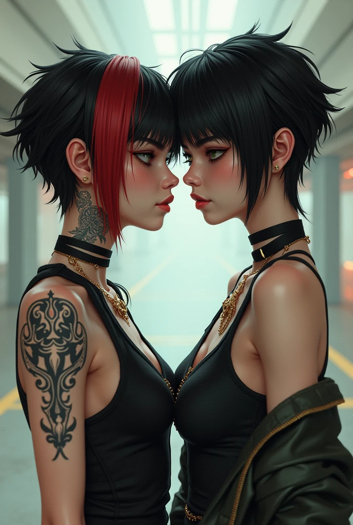 Two girls, one with short masculine hair and red streak in the fringe with tattoo and black masculine clothes, and another with short black hair down to her chin, with delicate pink clothes and fringes. 
