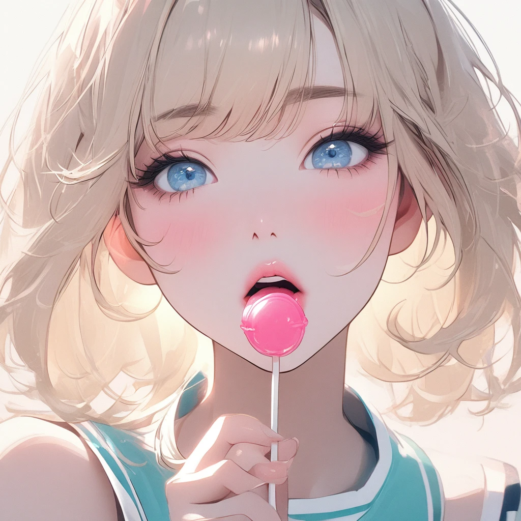 Girl, light blonde hair, blue eyes, beautiful, cheerleader uniform, pastel colors, face close-up, flat, sucking a pink lollipop, lipgloss, brat, holding lollipop, lips, sexy, ethereal, wide mouth, attractive