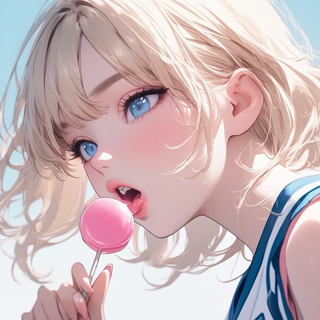 Girl, light blonde hair, blue eyes, beautiful, cheerleader uniform, pastel colors, face close-up, flat, sucking a pink lollipop, lipgloss, brat, holding lollipop, lips, sexy, ethereal, wide mouth, attractive