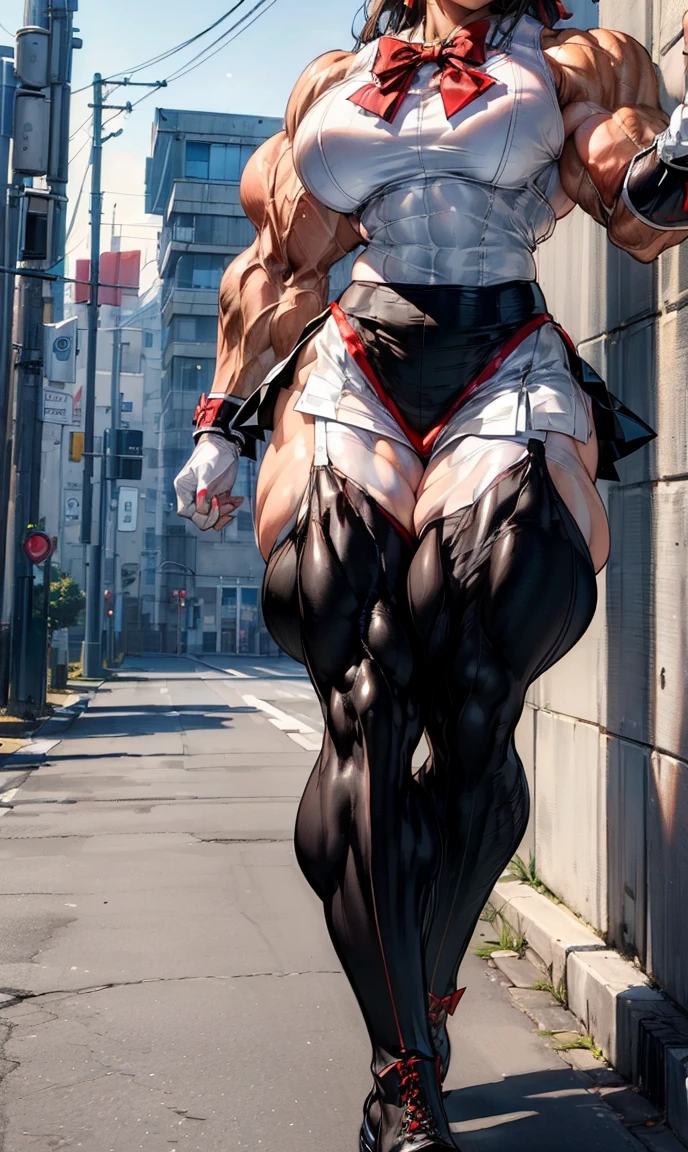 (Optimal lighting) , (Extremely complex and detailed) , 4K Unified, (Super detailed CG: 1.2) , (8K: 1.2),(Original), (masterpiece) , (best quality),(masterpiece:1.4),Anime-like high quality,(masterpiece),masterpiece, Ultra-clear picture quality,Compare...clearer,(Delicate face)best quality, absurd,((Master of Peace, 4K, 8K, Yes, high resolution))1个girl, ,,(Wonderful bass),((Bodybuilder:1.5))(girl),(miss),(((Upper Body:1))) Upper Body,Arm muscles close-up。Shop,on the street,Broad shoulders and thick back,Thick Arms,Amazing eight pack abs,Thick abs,Oily muscle reflex hydration,Burst vein,Close Mastery(((((White school uniform with red bow tie)))))(((((Black skirt)))))(((((Black boots)))))(((((on the street)))))(((((Legs close-up:1)))))((((((Thick Legs)))))(((((Bulging leg muscles)))))