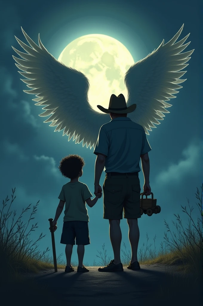 silhouette, 7 year old boy, dark brown curly hair, The boy has a wooden truck in his hand. He takes his dad's hand, 70 years old, short hair, with a white cattle hat. Dad is levitating. The dad is an angel, has wings.
Dad and son are standing with their backs turned watching the moonlit night.
dark fantasy