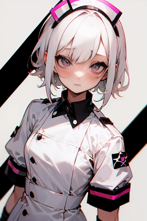 Short white hair, blush, Punk Fashion、Headbang 2.、White nurse uniform、