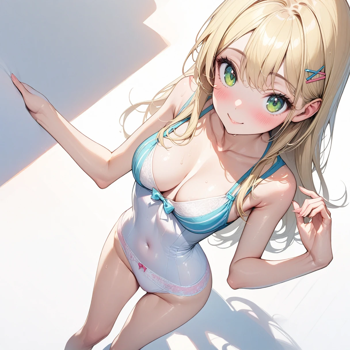 (masterpiece), (Highest quality), High resolution,(Very detailed), (Best illustrations), (Best Shadow), (Beautiful girl), (Absurd), (White background), (White Room), (White carpet), 
(Highly detailed face), Perfect limbs, Intricate details, 

My Little Sister Can&#39;t Be This Cute, (Kirino Takasaka), kirino kousaka, 
Blonde, Long Hair, Hair Clip, Green Eyes, bangs, Shyness, smile, A slight blush, 

Perfect limbs, Perfect Anatomy,Thin legs,Intricate details,Five perfect fingers, 
Focus on one person, Big eyes, slender, Tight waist, Beautiful Skin, Wet, 
sexy, Charm, 

whole body, Full Shot, panoramic, 
Showing off, White panties, Detailed panties, Erotic, 
Underwear with a small ribbon,Underwear with pink stripes,

Cleavage, tits, Butt, 
Junior high school girls&#39; uniforms, Panty shot, Open legs, Short skirt, 
Positive, Low position, 