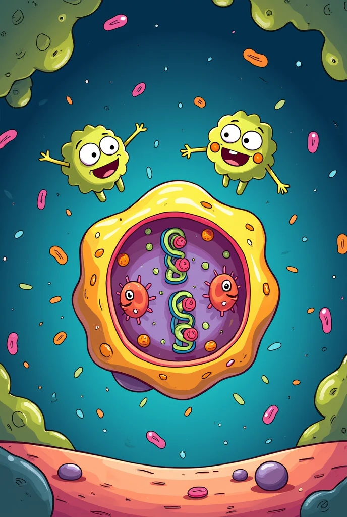 cartoon: "The Cell Race"
Panel 3:
(myth se divide en dos, with their chromosomes separating towards opposite poles. Las dos nuevas células hijas se forman rápidamente y son idénticas a myth.)

myth: I&#39;m almost there...! a list! ¡mythsis completa!
(The two daughter cells smile, ready to continue their work on the body.)

 cartoon style, as in the previous images
