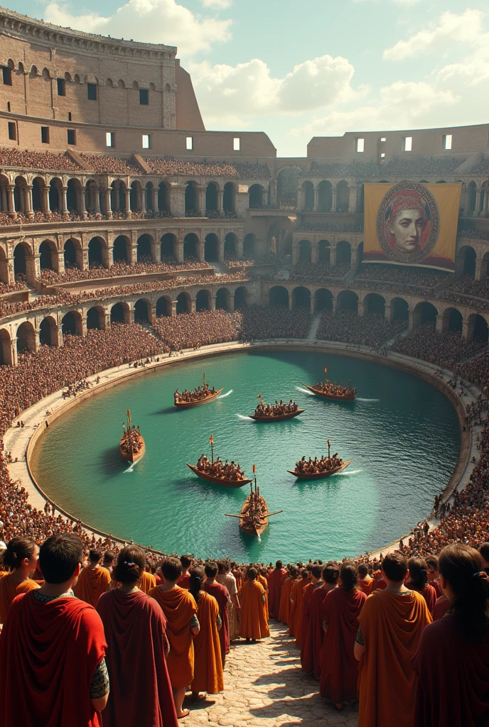 Create an image of the Colosseum in its glory in Ancient Rome, from a superior angle, showing it completely, with its complete stands, its arena flooded with water and triremes