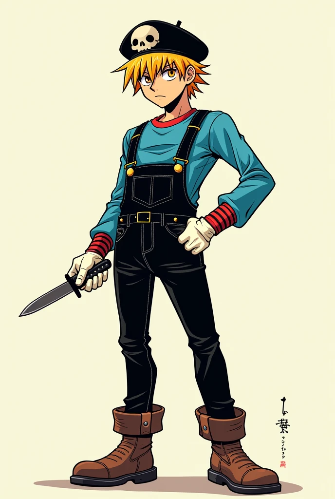 (Manga Type Drawing) Man with dark powers Wearing black overalls, a sky blue long-sleeved, long-collared shirt with red stripes, white gloves, brown boots, yellow and gold hair, a beret with a skull in the center, holding a knife with his right hand and extending his left hand,left eye orange and right eye white,perfect,