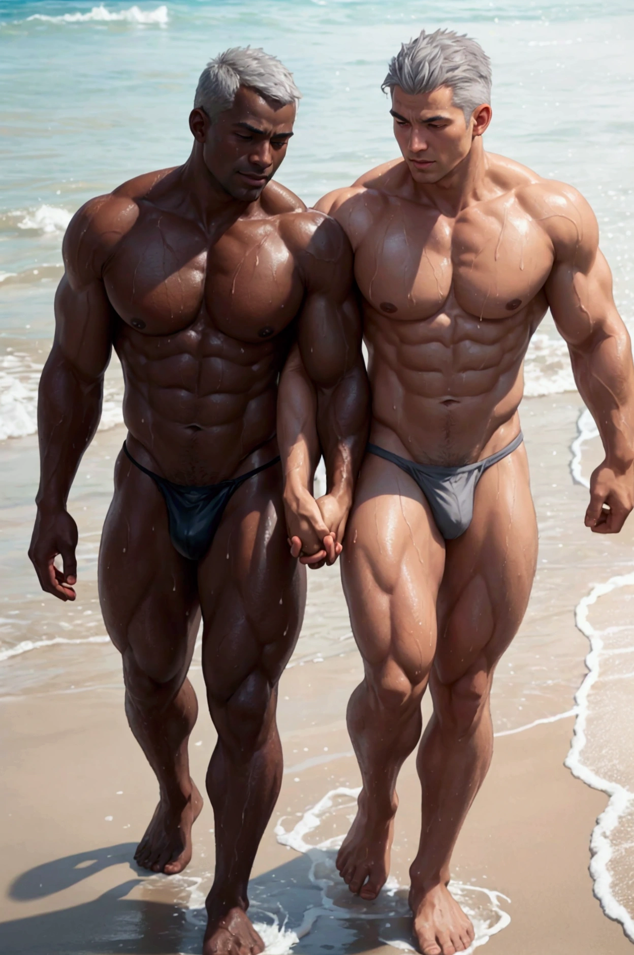 A muscular man with grey hair and dark skin、Gay、Highest quality、Your body is wet、Beach、Holding hands