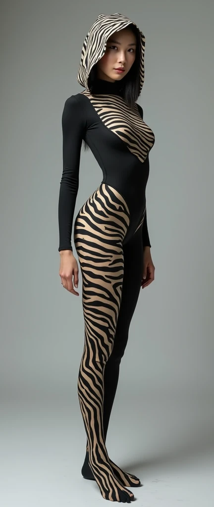 a most beautiful and thin 38 years old chinese contortion woman is wearing a glasses wears zebra lycra footed turtleneck unitard catsuit with a tail.She always wear zebra unitard hijab-like hood.She is the most beautiful and has beautiful cheeks.
