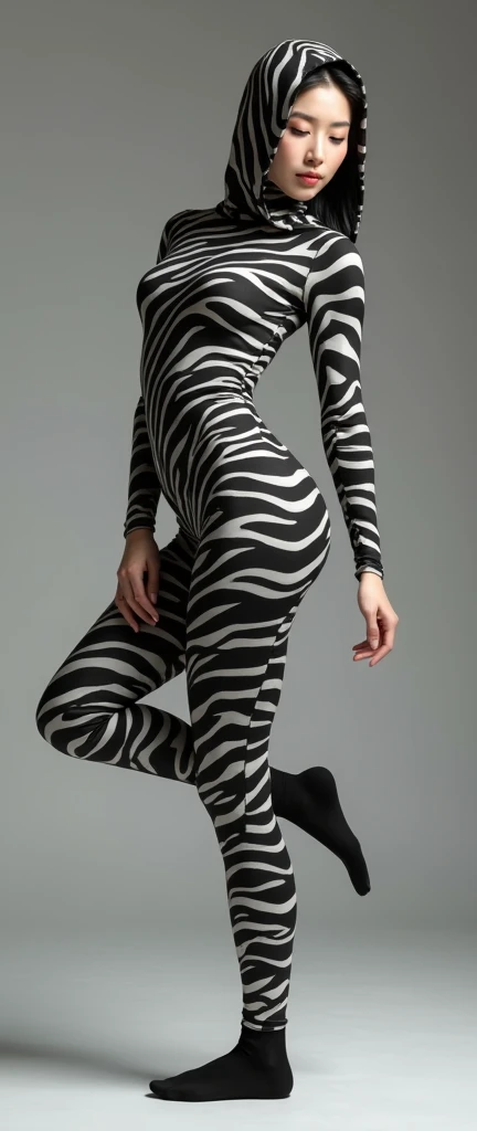 a most beautiful and thin 38 years old chinese contortion woman is wearing a glasses wears zebra lycra footed turtleneck unitard catsuit with a tail.She always wear zebra unitard hijab-like hood.She is the most beautiful and has beautiful cheeks.
