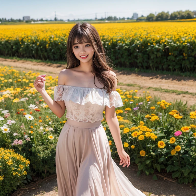 long skirt,in the flower field,Wear a dress,rotate,1 female, On the face, laughing out loud, light brown hair, blunt bangs, hair behind ears, Shoulder-length hair, long hair, Slender body type, 超face slimming型, face slimming, delicate lips, beautiful eyes, Thin blush, Eyes are light brown,View here, (actual:1.3), One person's perspective, 8k, Super detailed, high quality, best quality, High resolution, ,Large Breasts,wear a H cup, 21 years old,Off-shoulder tops,Lace top,puffy skirt