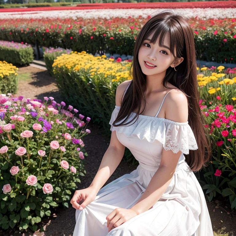 laughing out loud,travel scenery photos,Wear a cute dress,Dress with yellow flower pattern,1 female, On the face, light brown hair, blunt bangs, hair behind ears, Shoulder-length hair, long hair, Slender body type, 超face slimming型, face slimming, delicate lips, beautiful eyes, Thin blush, Eyes are light brown,View here, (actual:1.3), One person's perspective, 8k, Super detailed, high quality, best quality, High resolution,2,above knee shot,Breast protrusion,Full breasts