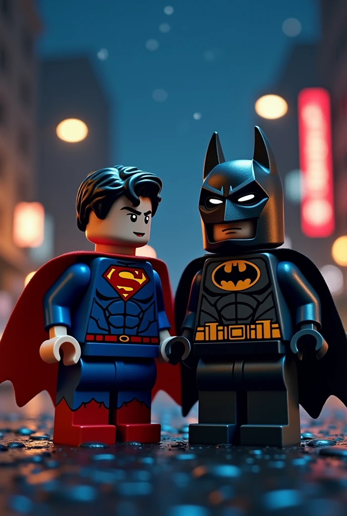 Superman and Batman in Lego art, at night.