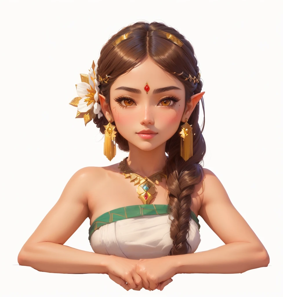 Close-up of a lady with a flower in her hair, Portrait of a Modern Darna, Rendering a cute 3D anime girl, aztec princess portrait, April Rendering, Anime Thai girl, stylized portrait formal pose, A rendering of Mirabelle Madrigal, Beautiful and elegant female elf, very detailed character, Realistic Maya, indian girl with brown skin