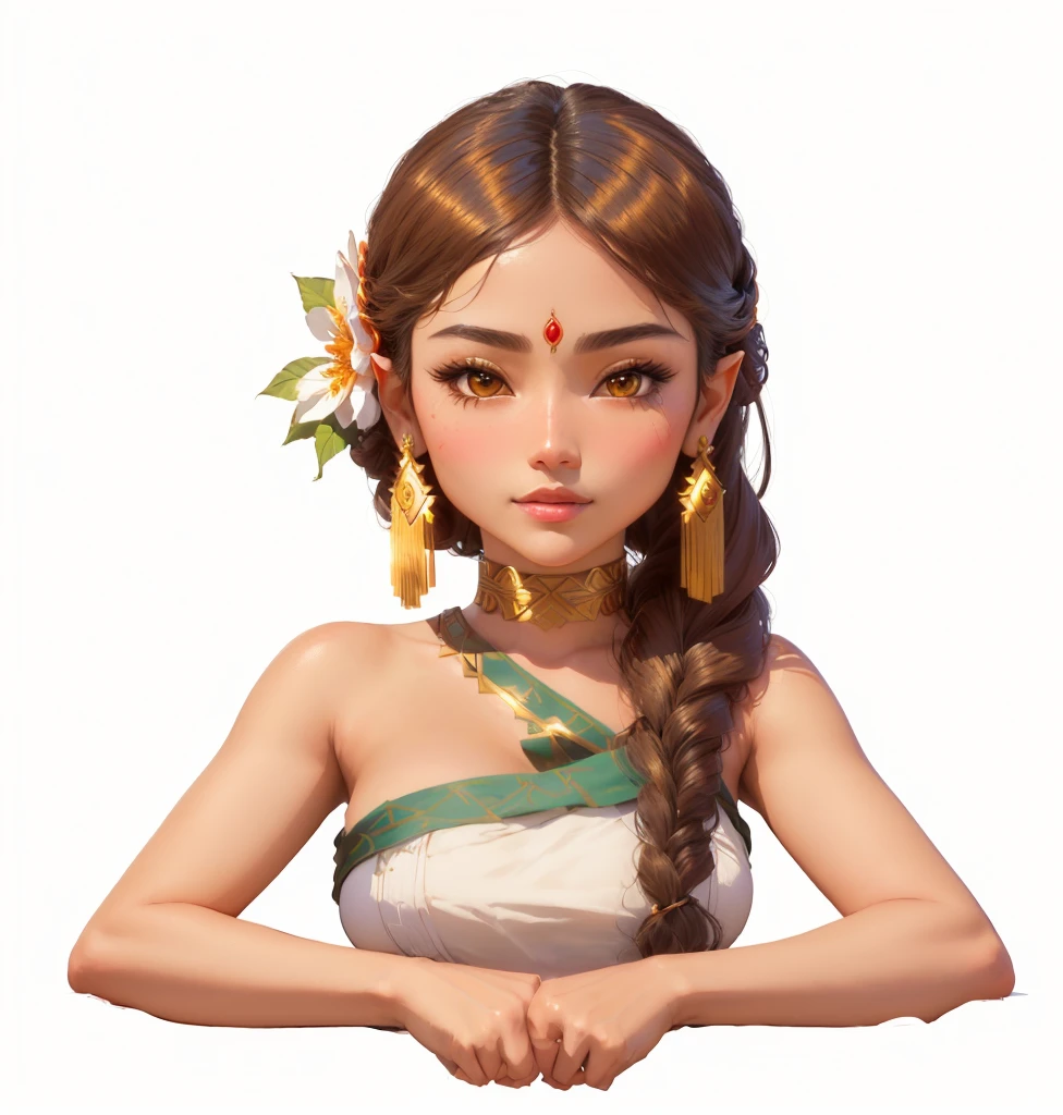 There was a woman,Her hair is braided,Middle Eastern appearance,European looks,Wearing flowers on the head, Portrait of a Modern Darna, very detailed character, 3D rendering style, Rendering a cute 3D anime girl, Stylized portrait formal pose, Realistic Maya, Stylized anime, Anime Thai girl, April Rendering, Stylized portrait, A rendering of Mirabelle Madrigal, Produced in collaboration with Anime Painter Studio