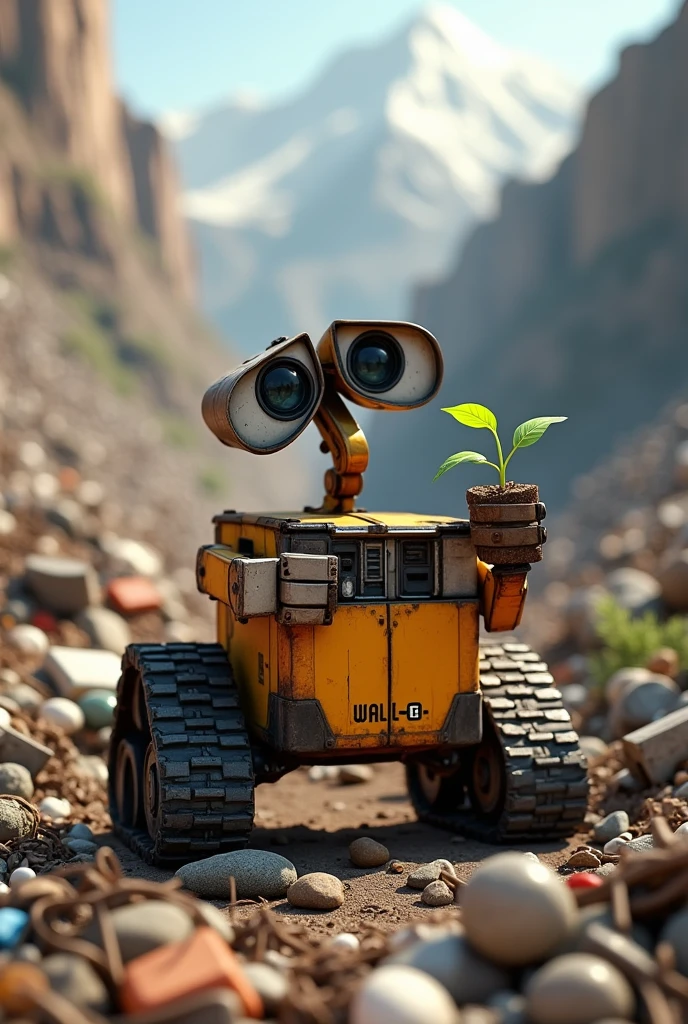 Generate an image of Wall-E inside the garbage dump picking up a plant without the pot, holding the plant in his hand
