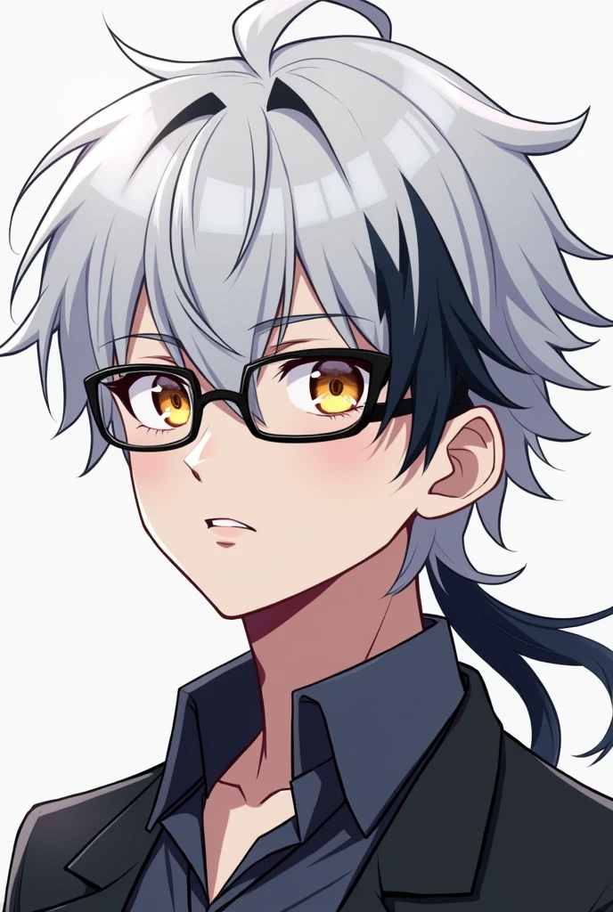 Young man with white hair and black tips and a ponytail and eyes of two different colors and glasses anime version