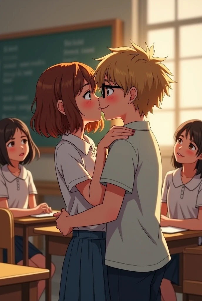 1 boy, 1 girl, kissing in class, both , everyone looking, girl has short brown hair, boy has glasses and dirty blonde hair,