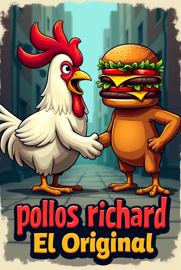 Logo of a chicken and a hamburger shaking hands with the name “pollos richard el original” urban style
