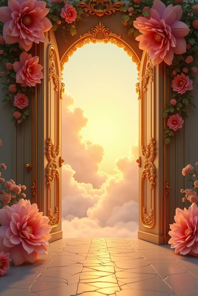 The door is magical with two big flowers on both sides. The overall color is golden. Behind the door is a cloud wedding dress background.